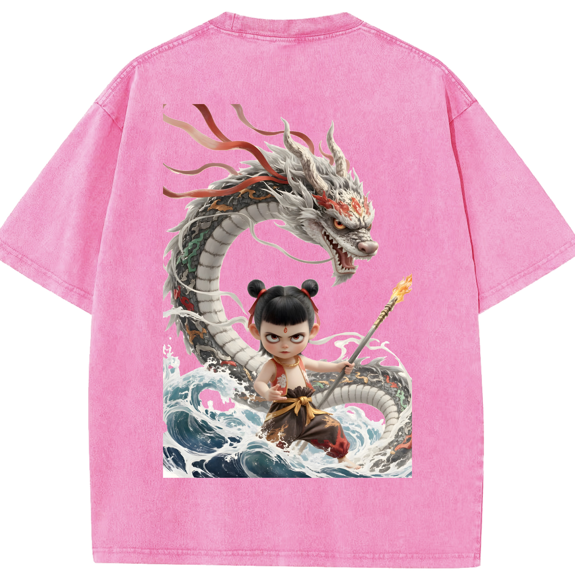 （画像用） Ne Zha 2 ナタ 魔童の大暴れ 綿100% ヴィンテージ風 半袖Tシャツ（背面プリント）
